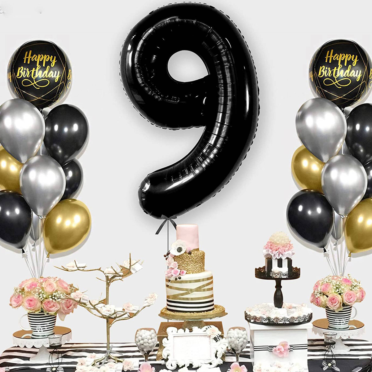 BALON FOLIOWY CYFRA 9 CZARNY NA URODZINY IMPREZĘ URODZINOWĄ 80 cm