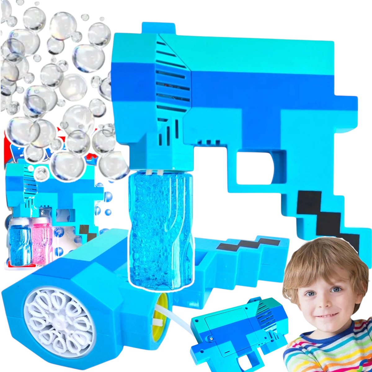 MINECRAFT PISTOLET DO BANIEK MYDLANYCH BAŃKI MYDLANE WYRZUTNIA + PŁYN PIXEL