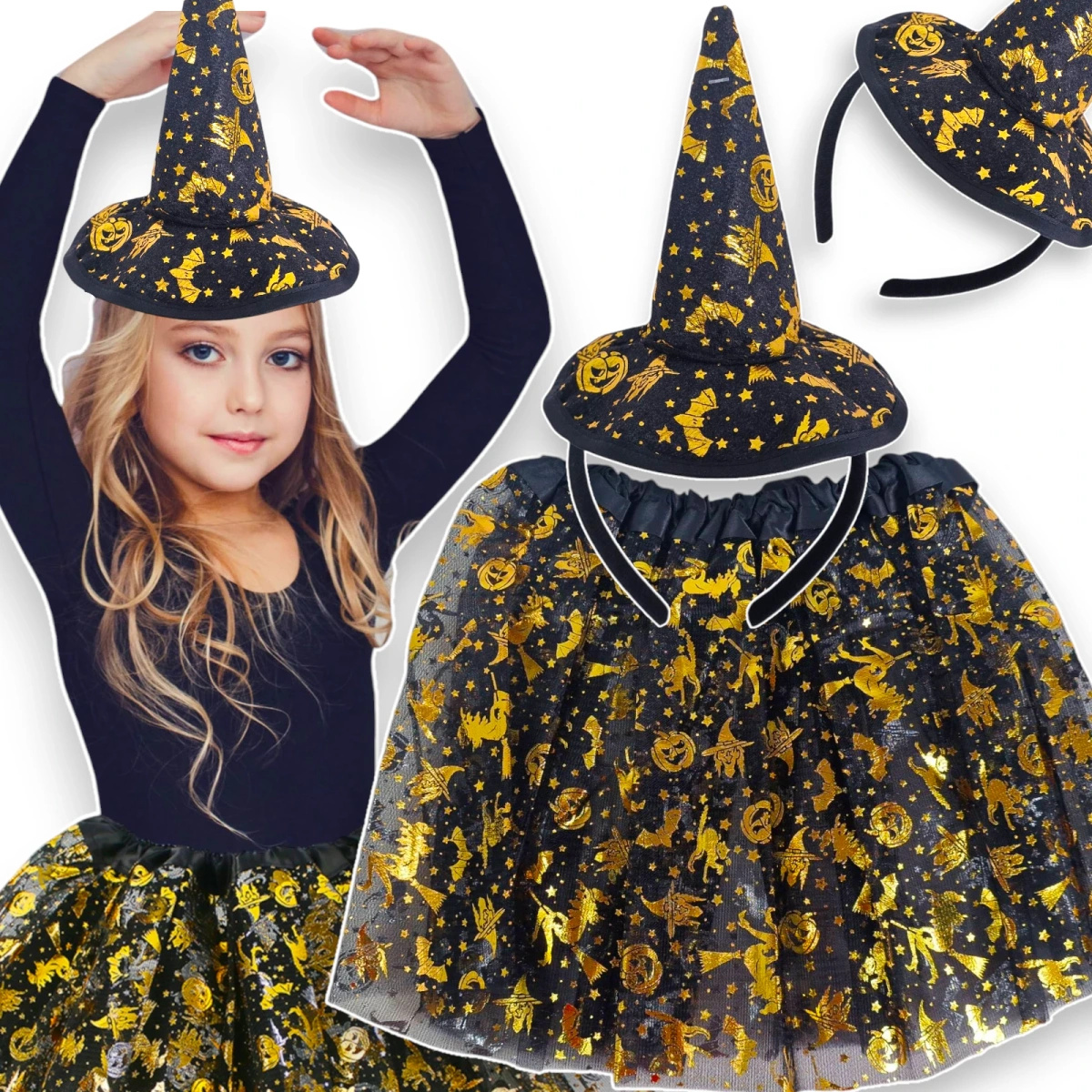 PRZEBRANIE DLA DZIECI HALLOWEEN STRÓJ WIEDŹMY DYNIA OPASKA + SPÓDNICZKA 2W1