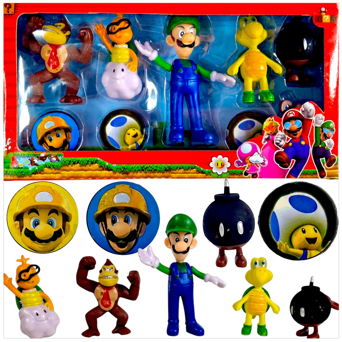SUPER MARIO BROS FIGURKI ZESTAW 5 FIGUREK 3 ŻETONY FIGURKA LUIGI DONKEY