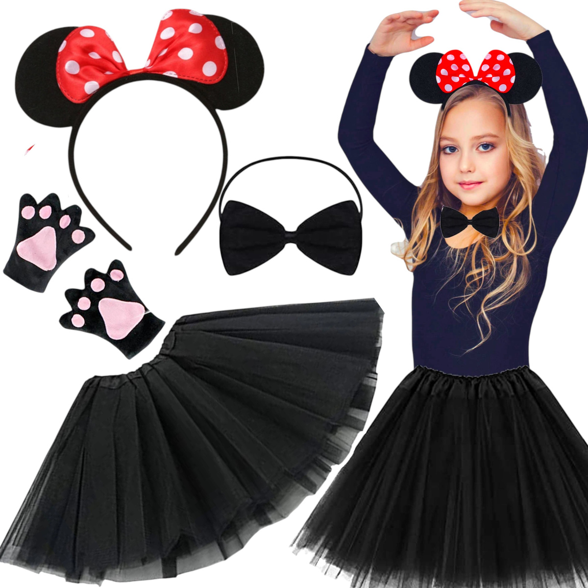 KOSTIUM MYSZKA MIKI MICKEY DLA DZIEWCZYNKI BAL KARNAWAŁOWY SPÓDNICZKA 4w1