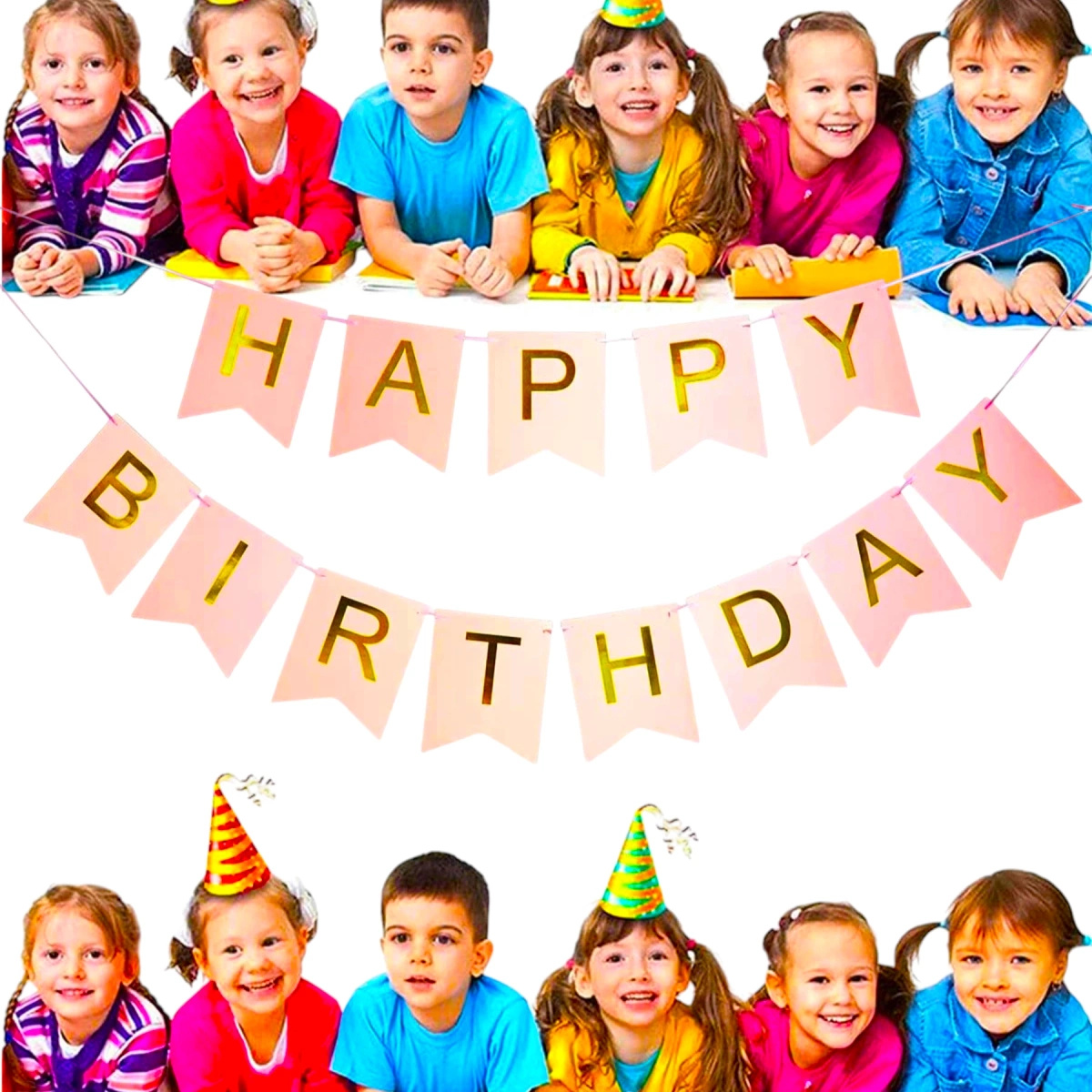 GIRLANDA URODZINOWA Z NAPISEM HAPPY BIRTHDAY RÓŻOWA ZŁOTE NAPISY 200cm