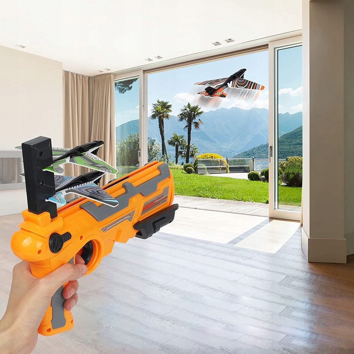 PISTOLET WYRZUTNIA SAMOLOTÓW DUŻY ZASIĘG 4 SAMOLOTY ZESTAW RZUTKA SZYBOWIEC