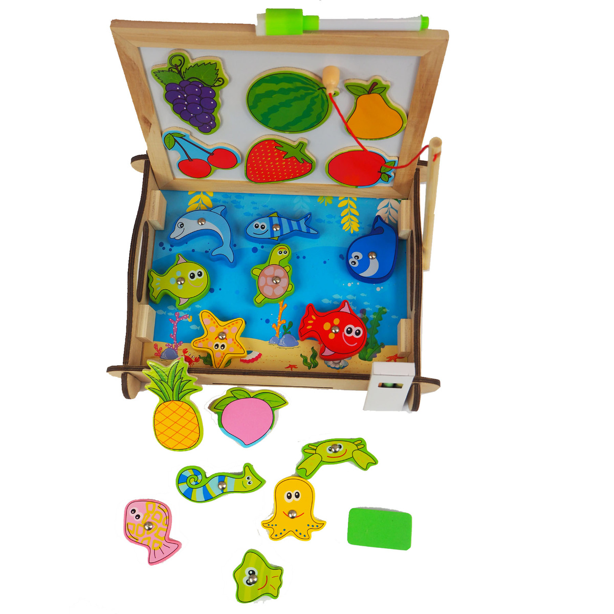 DREWNIANA TABLICA DWUSTRONNA PISANIE ŁOWIENIE RYBEK WĘDKI RYBKI OWOCE 