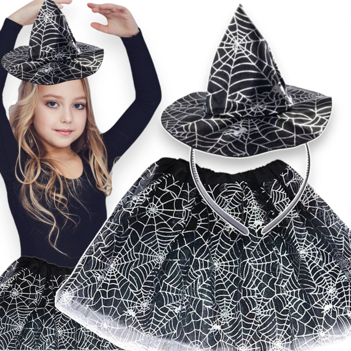 STRÓJ WIEDŻMA KOSTIUM ZESTAW 2W1 SPÓDNICZKA OPASKA HALLOWEEN