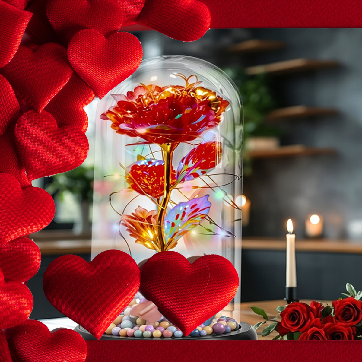 WIECZNA RÓŻA W SZKLE ŚWIECĄCA ŚWIECI LED FLOWERBOX BUKIET KWIATY NA PREZENT