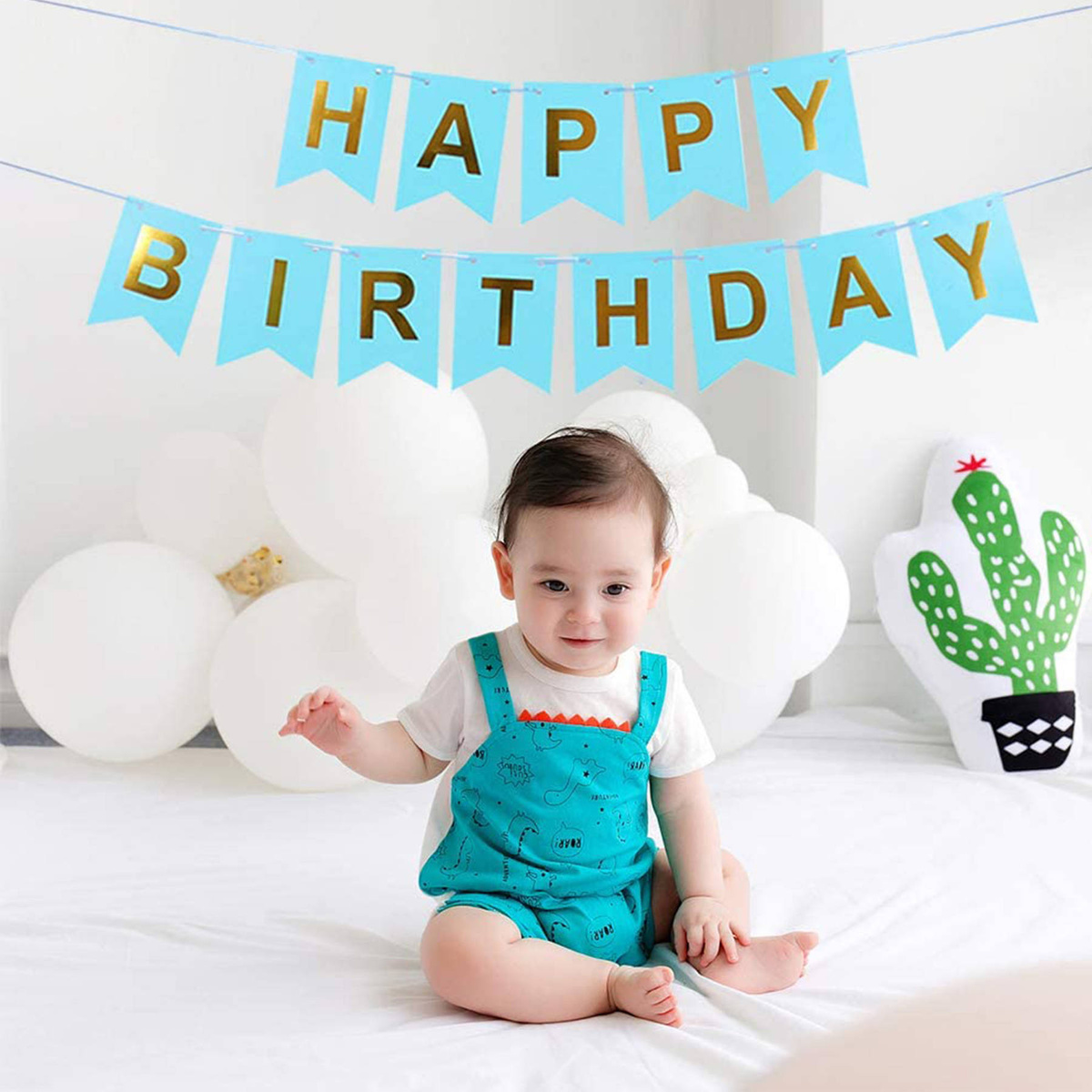 GIRLANDA URODZINOWA Z NAPISEM HAPPY BIRTHDAY BŁĘKITNA ZŁOTE NAPISY 200cm