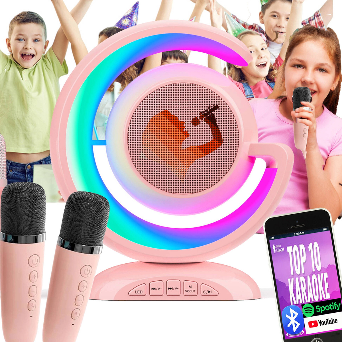 ZESTAW KARAOKE 2 MIKROFONY BEZPRZEWODOWY PRZENOŚNY GŁOŚNIK BLUETOOTH LED 