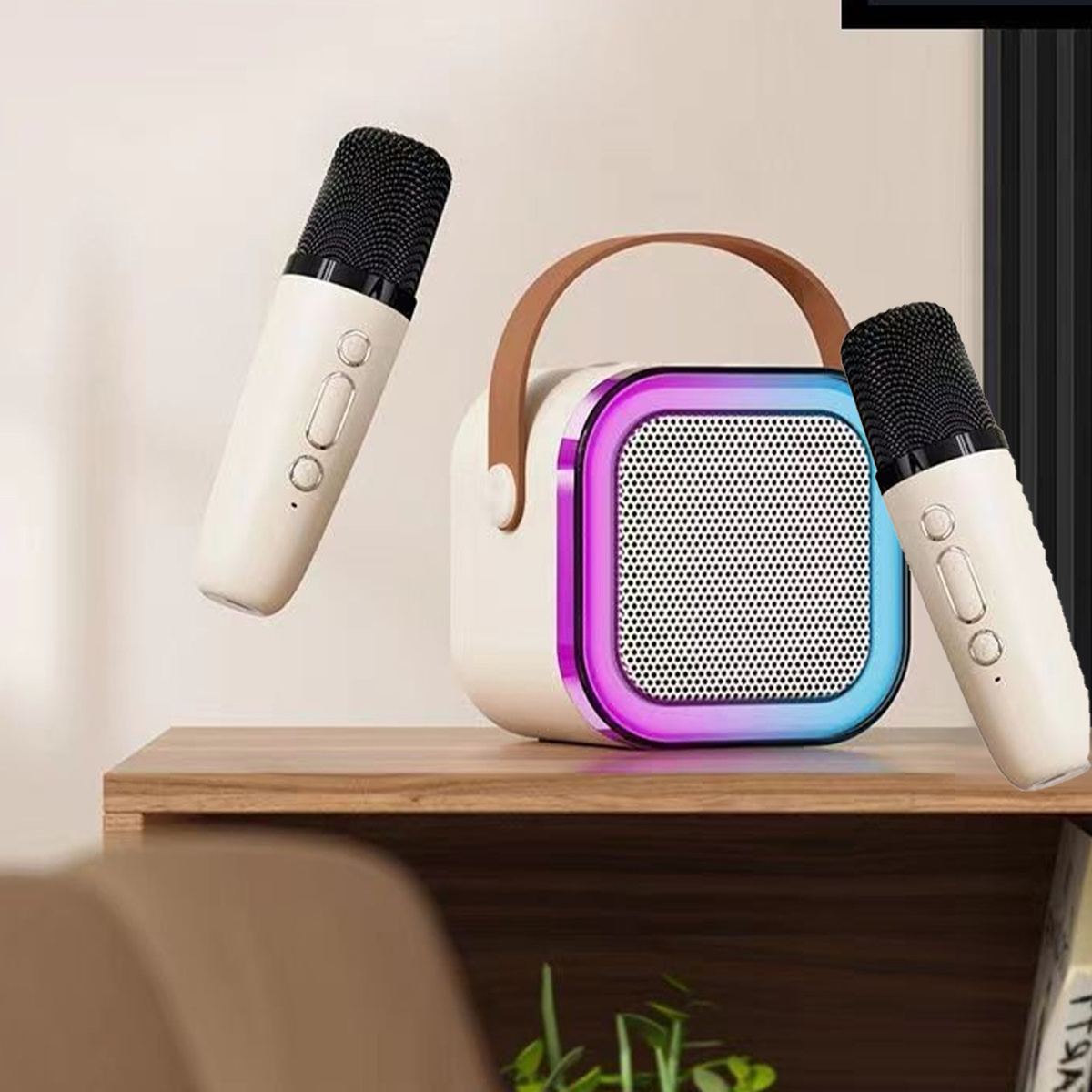 GŁOŚNIK BLUETOOTH PRZENOŚNE KARAOKE LAMPKA RGB 2 MIKROFONY USB SD MINI JACK