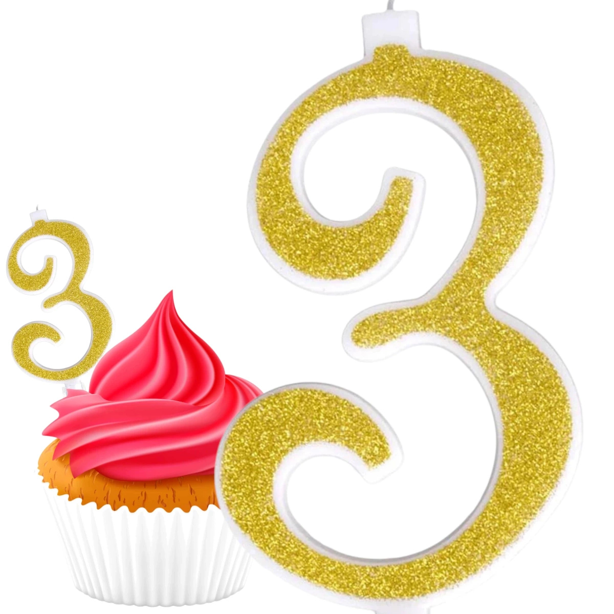 ŚWIECZKA URODZINOWA NA TORT CYFRA 3 ZŁOTA Z BROKATEM NA URODZINY