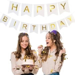 GIRLANDA URODZINOWA Z NAPISEM HAPPY BIRTHDAY BIAŁA ZŁOTE NAPISY 200cm