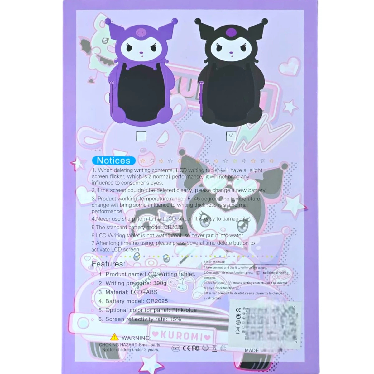 KUROMI TABLET DLA DZIECI DO RYSOWANIA 8 CALI TABLICA EDUKACYJNA LCD