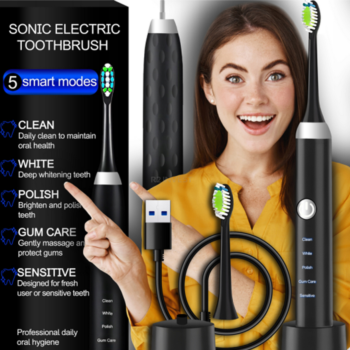 SZCZOTECZKA SONICZNA DO ZĘBÓW ELEKTRYCZNA WODOODPORNA 5 TRYBÓW IPX7 PREZENT