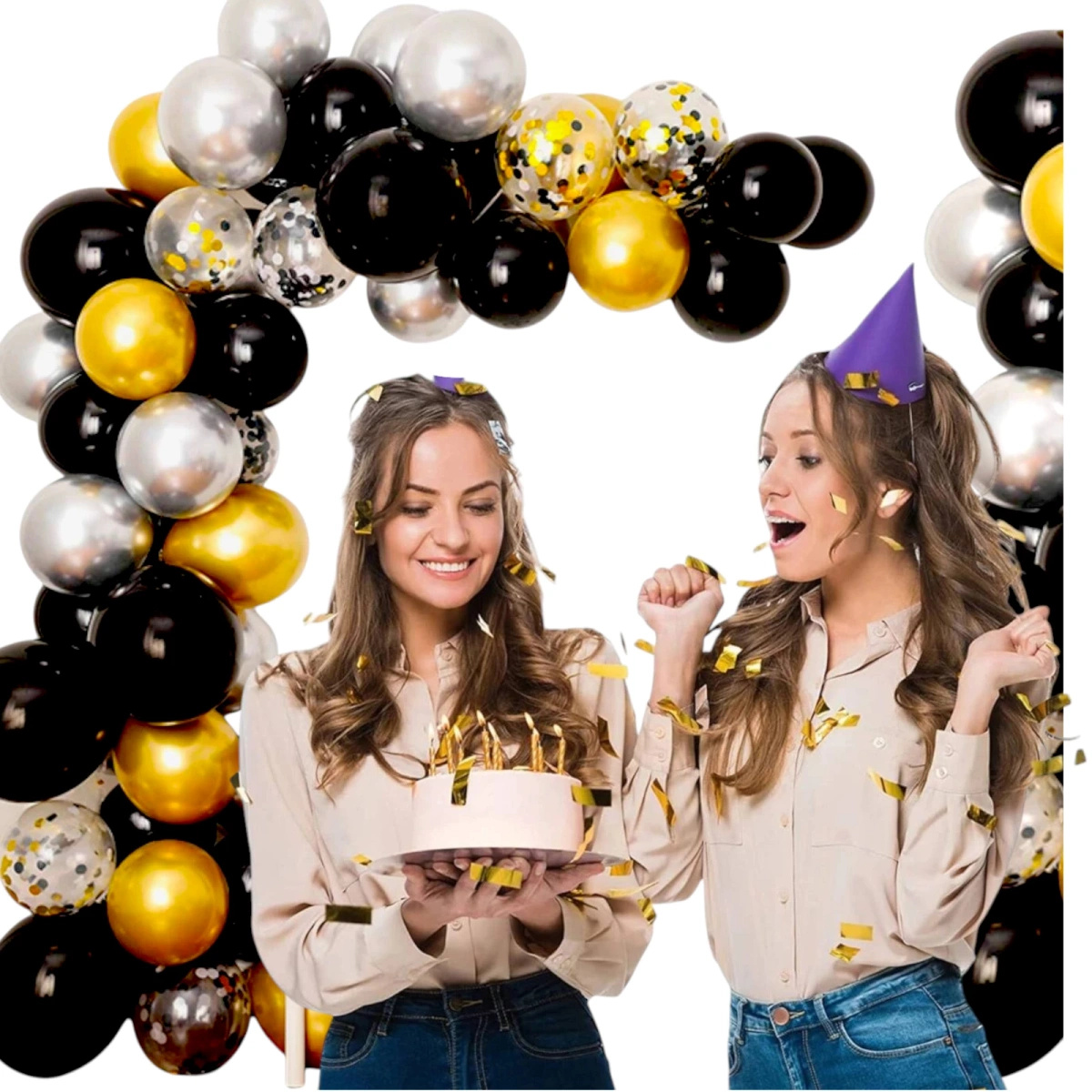 GIRLANDA BALONOWA BALONY ZŁOTA CZARNA ZŁOTO KONFETTI DEKORACJE URODZINOWE 