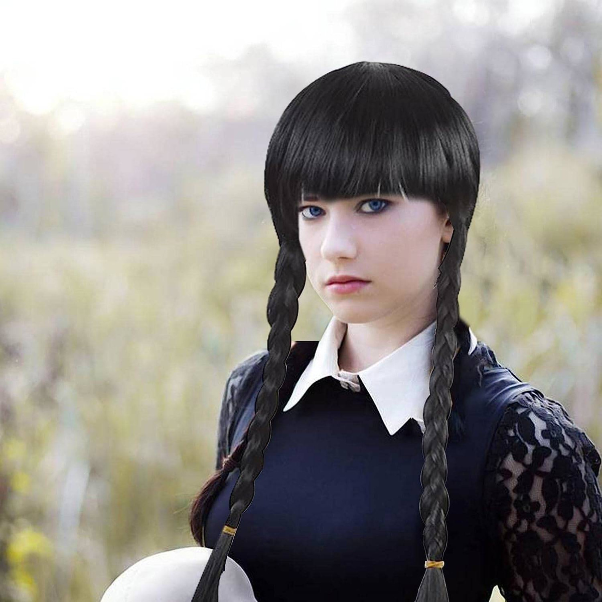 PERUKA WEDNESDAY ADDAMS WŁOSY COSPLAY WARKOCZE Z GRZYWKĄ 60CM NA IMPREZĘ