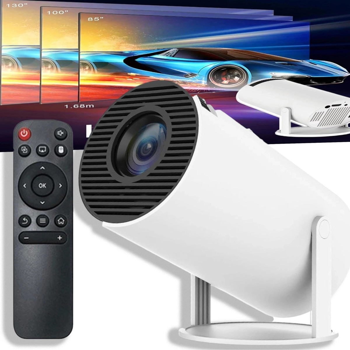 PROJEKTOR RZUTNIK ANDROID TV WIFI MINI 4K PRZENOŚNY SMART GŁOŚNIK OBROTOWY